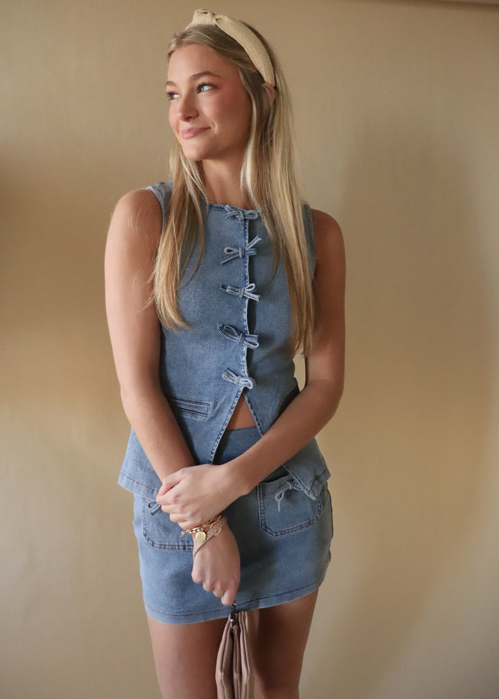Denim Vest With Snap Button And Ribbon Bow