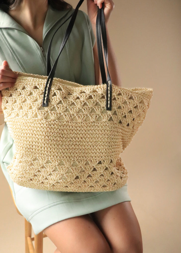Faux Leather Handle Knitted Tote Bag