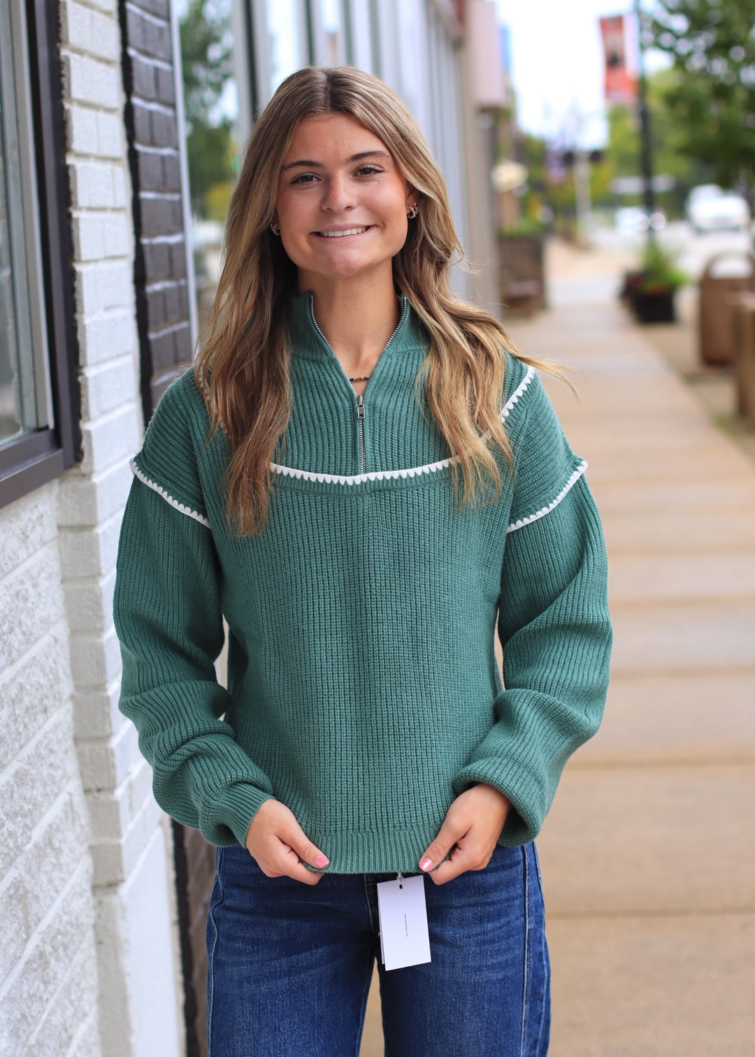 Cabin Air Contrast Whipstitch Embroidery Half Zip Sweater