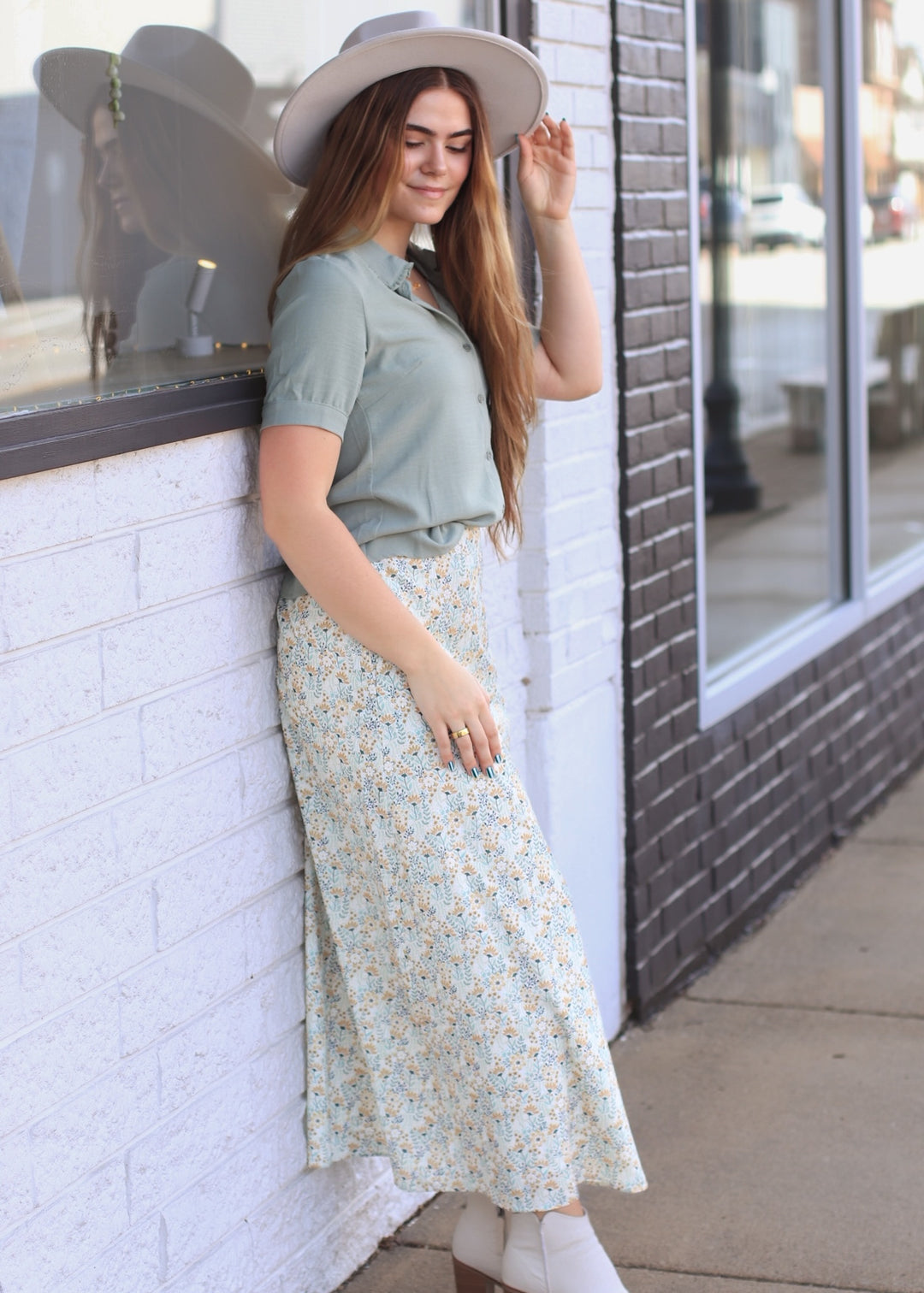 Optimistic Ruffled Collared Blouse in Fog Green