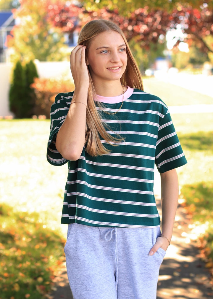 The Cape Cod Striped Boxy Tee Green/Pink