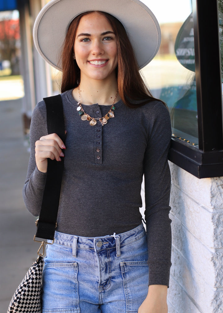 CLEARANCE FINAL SALE Henley Top - Long Sleeve Thermal Charcoal