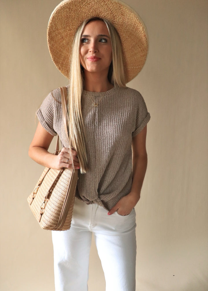 Daisy Bamboo Straw Convertible Backpack: Camel