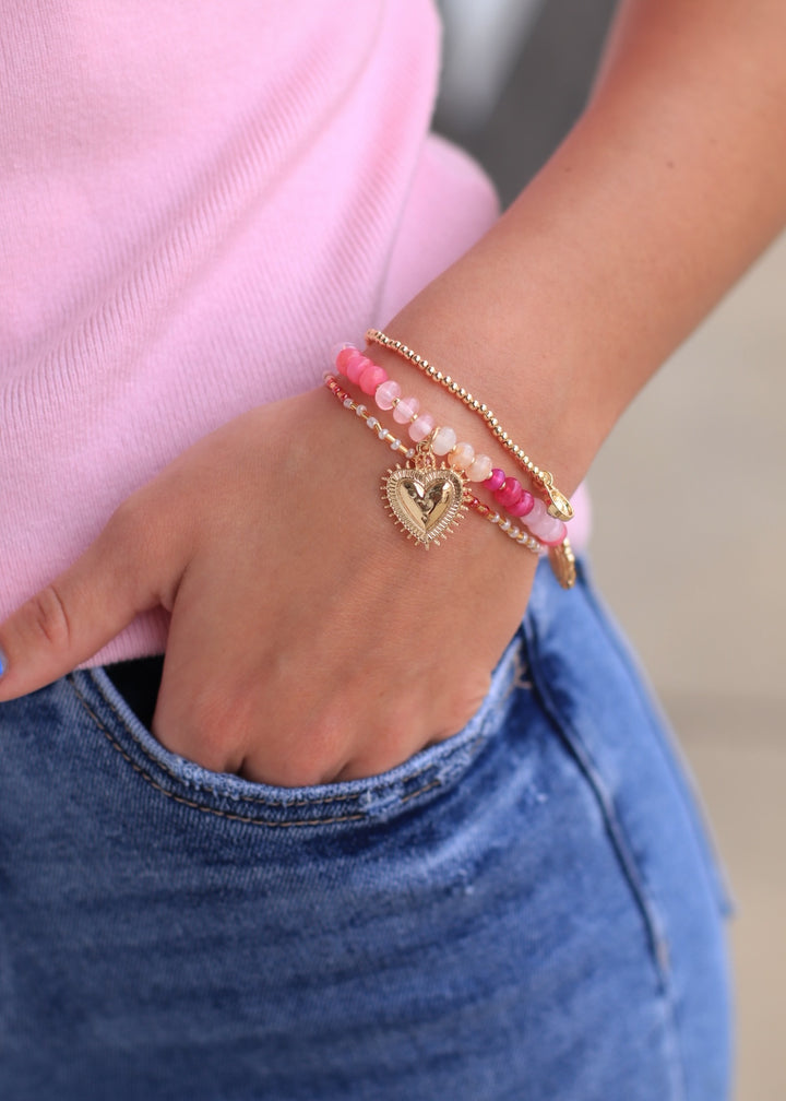 Beaded Heart Charm Stretch Bracelet Set – 3-Piece Layered Stack with Gold Accents