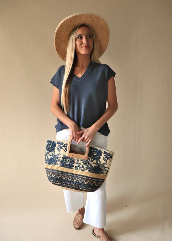 Floral Print Wooden Square Handle Tote Bag