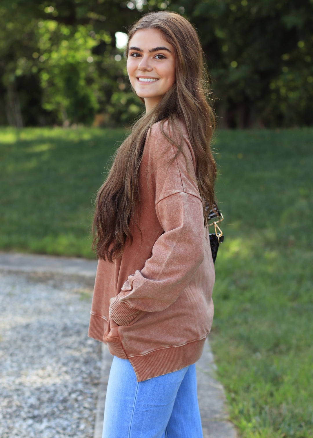 Rust Acid Wash Fleece Pullover with Pockets