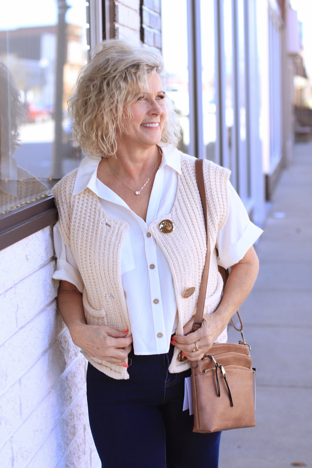 The Collins Gold Button Sweater Vest in Ivory