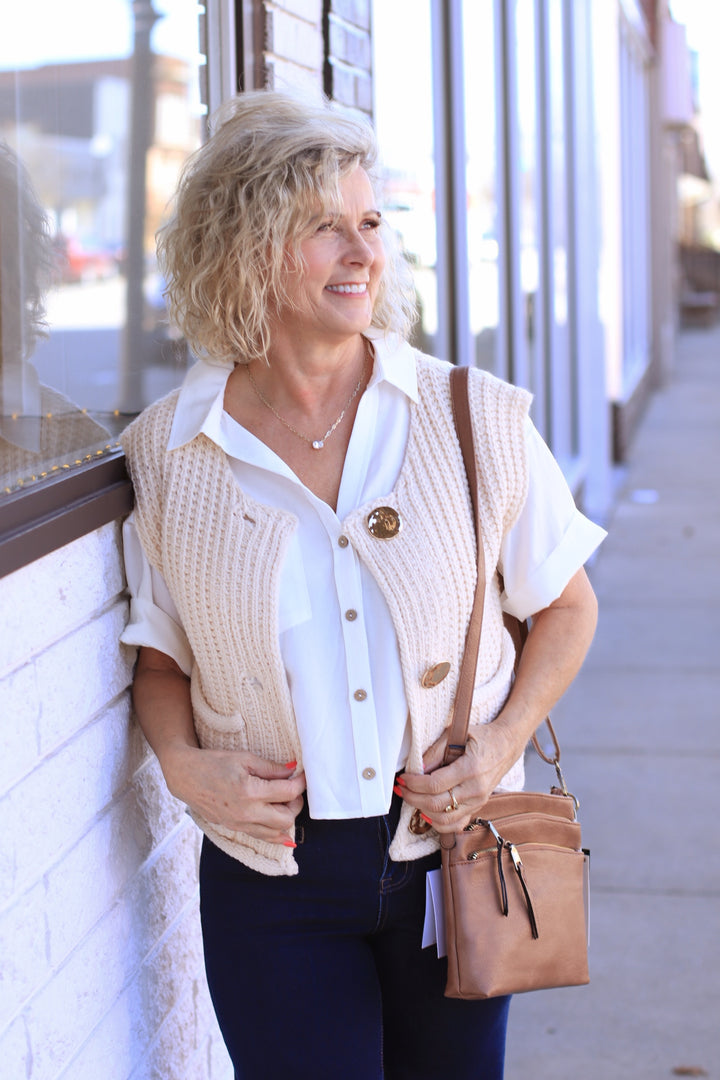 The Collins Gold Button Sweater Vest in Ivory