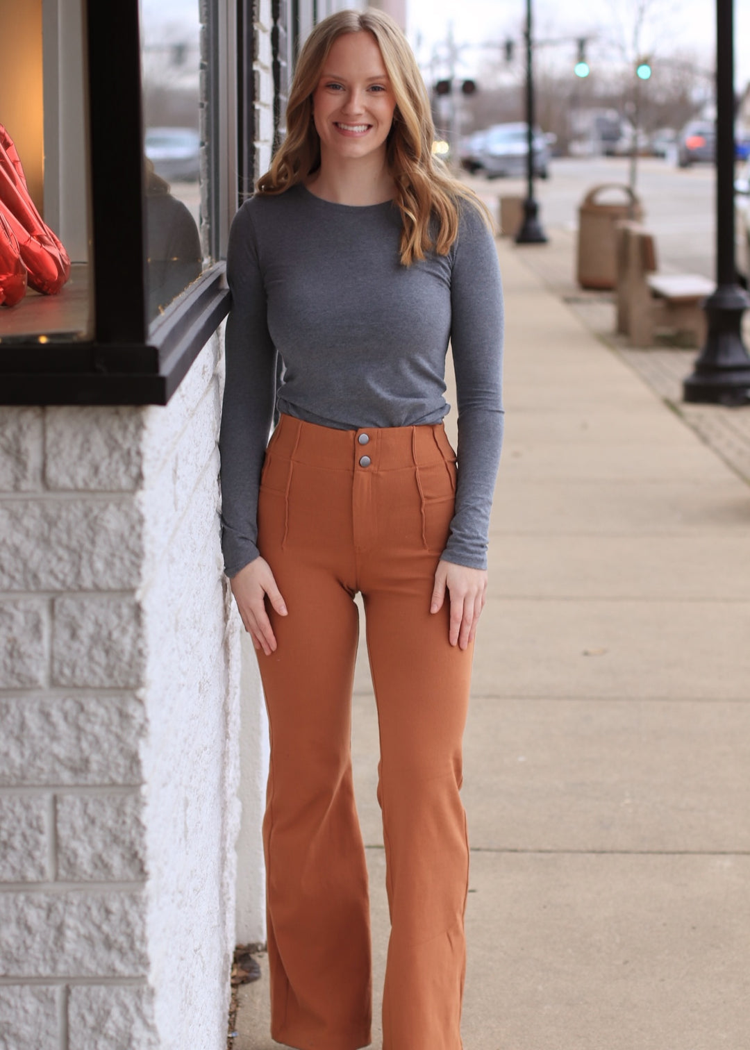 Pintuck Twill Flare Pants in Chestnut