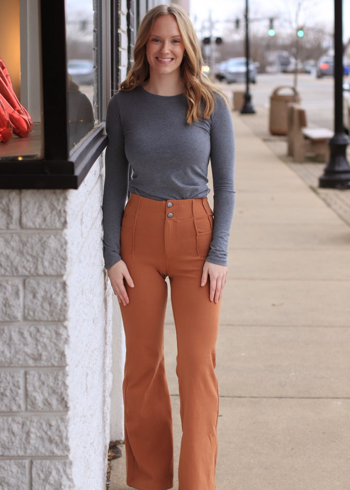 Pintuck Twill Flare Pants in Chestnut
