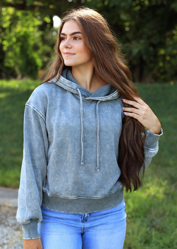 Ash Jade Acid Wash Fleece Cropped Hoodie