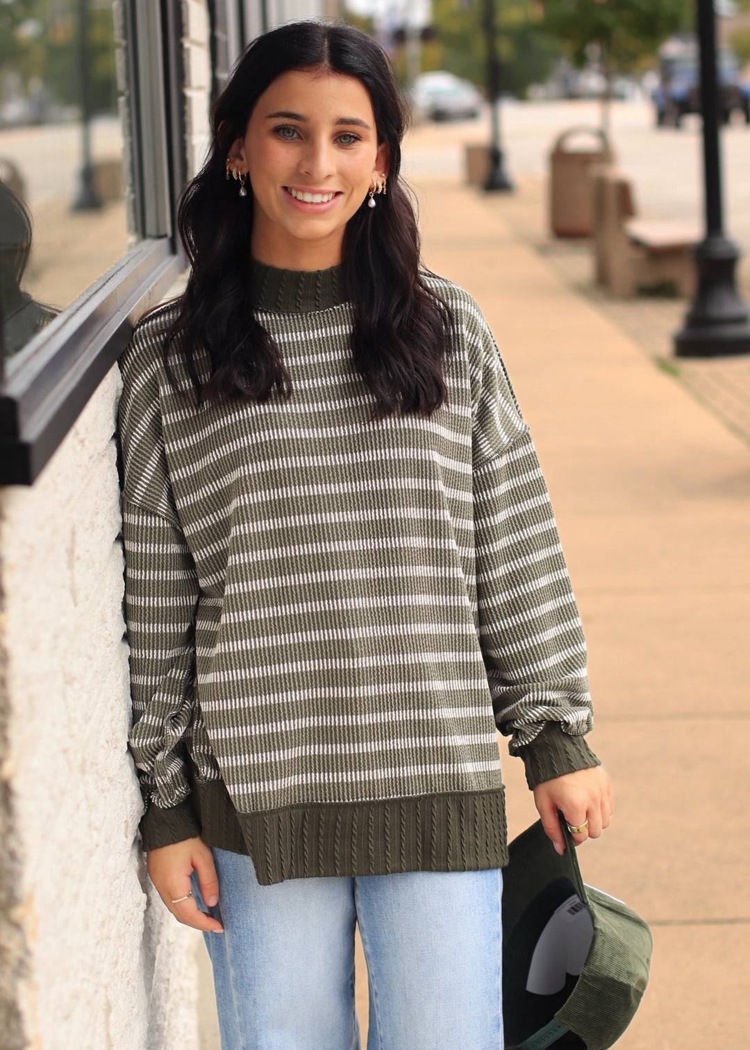 Olive Striped Mock Neck Knit Top