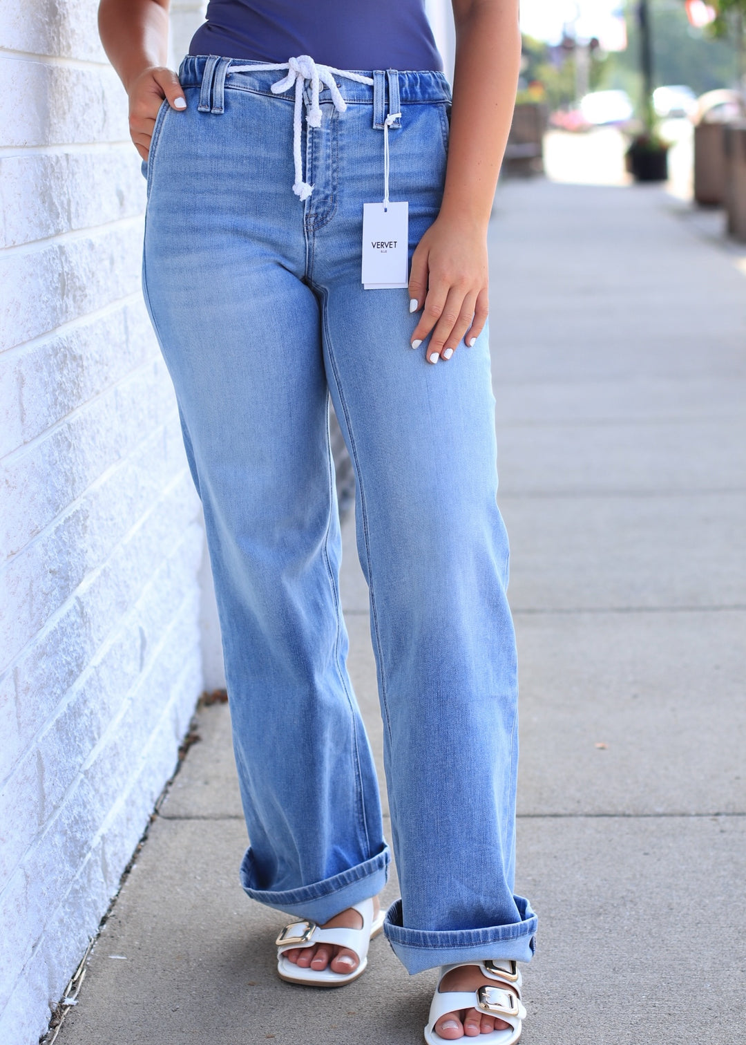 High Rise Elastic Waist Drawstring Wide Leg Jeans