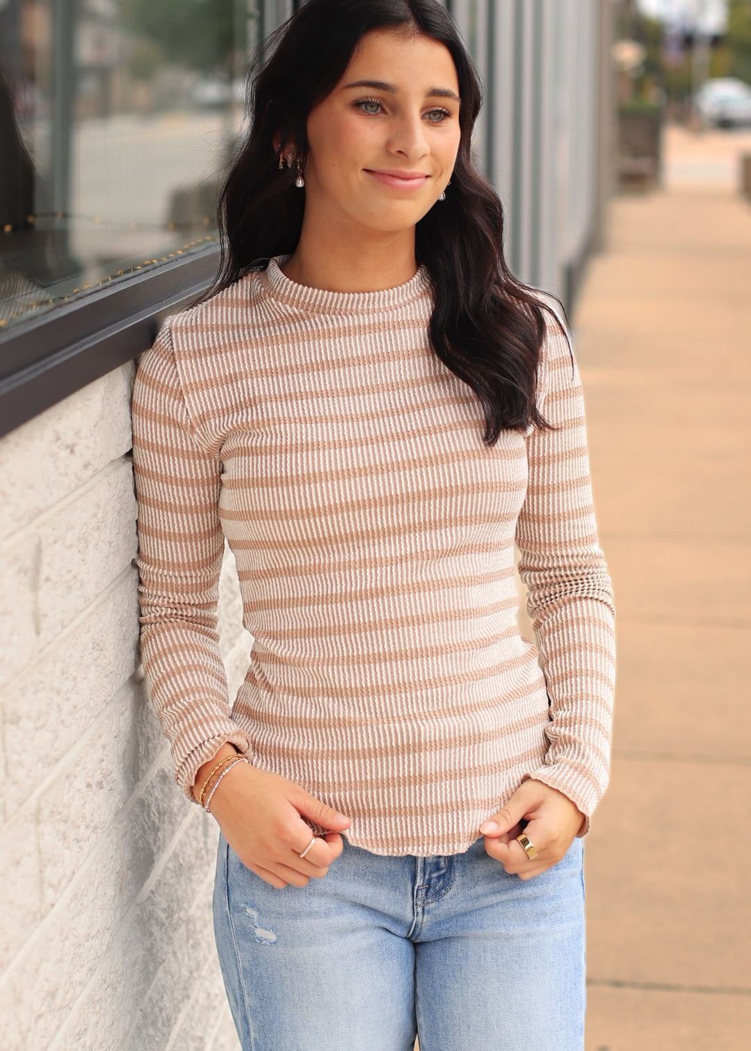 Taupe Striped Ribbed Knit Top