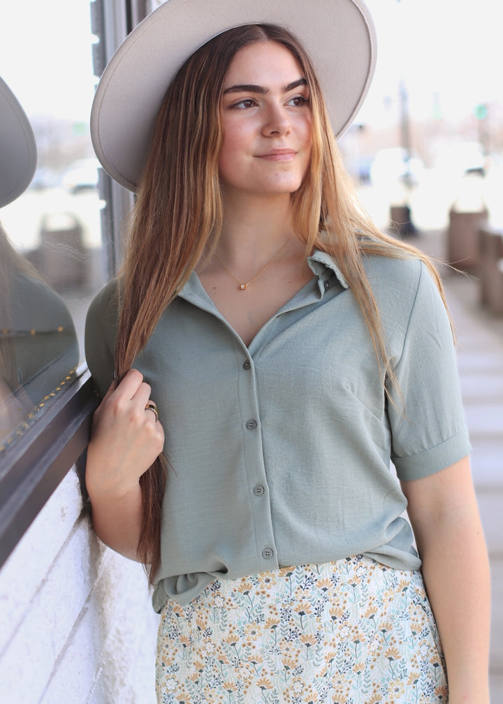 Optimistic Ruffled Collared Blouse in Fog Green