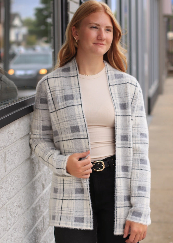 The Birch Open Front Cardigan in Ivory/Grey