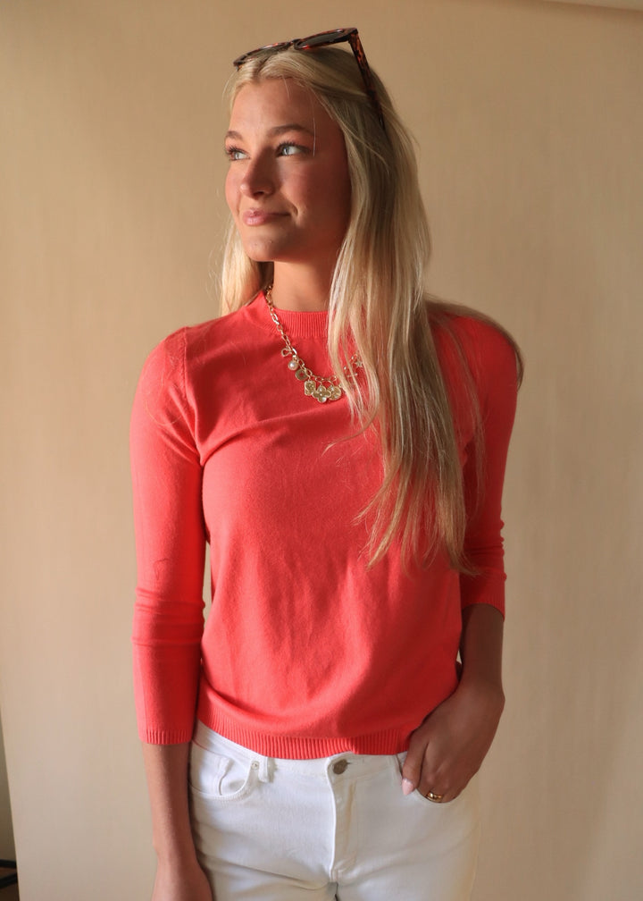 Coral Pink Fine Gauge Pullover Mock Neck