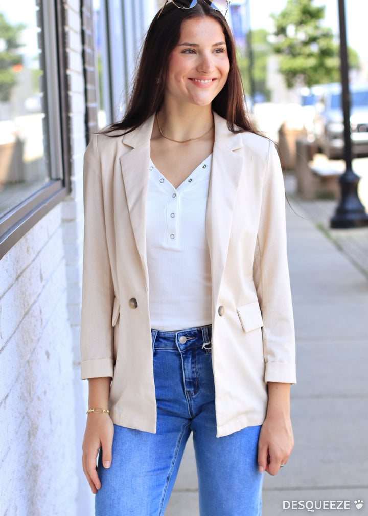 Natural 3/4 Cuff Collared Blazer