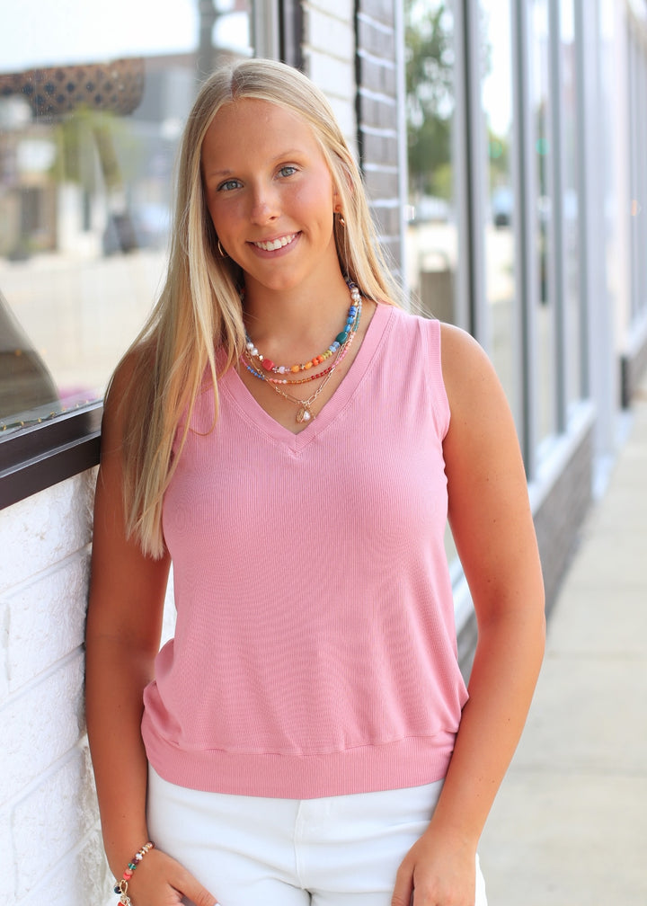 LuxeAir Ribbed V-Neck Top in Dusty Rose