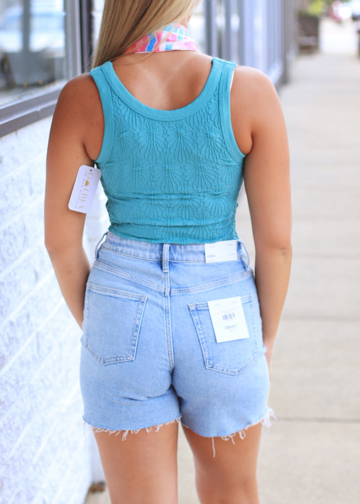 Super High Rise Drawstring Midi Denim Shorts