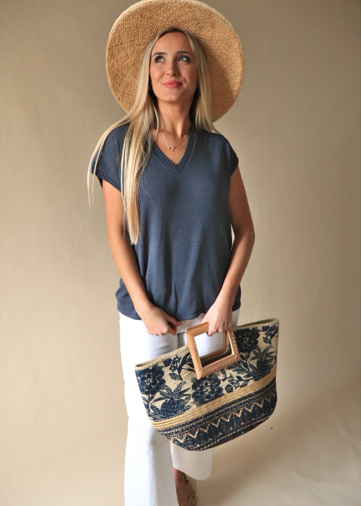 Floral Print Wooden Square Handle Tote Bag
