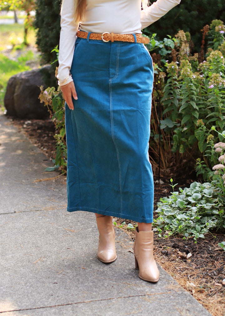 CLEARANCE FINAL SALE  Teal Corduroy Midi Skirt