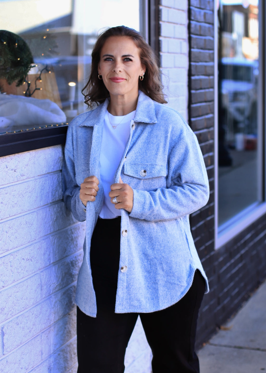 Fall Season Two Tone Shacket in Denim Blue