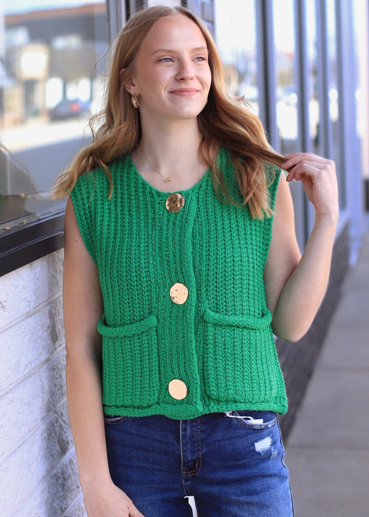 The Collins Gold Button Sweater Vest in Green