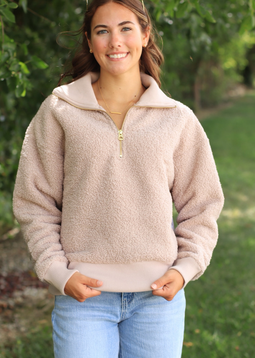 Oak Brown Cozy Sherpa Half Zip Pullover Sweatshirt