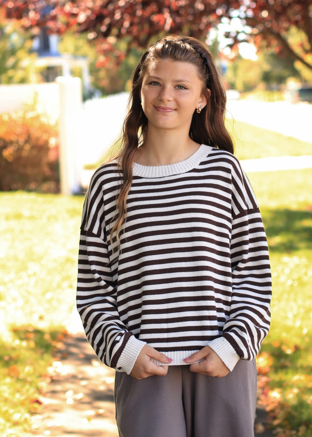 Oatmeal &amp; Brown Stripe Back Button Sweater