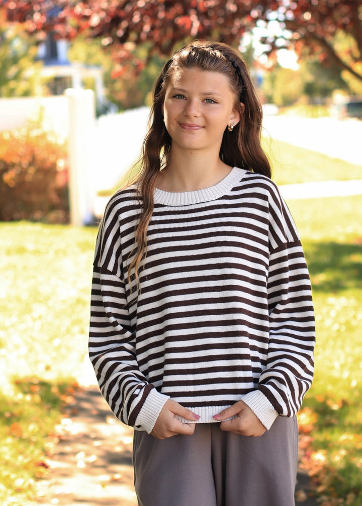 Oatmeal &amp; Brown Stripe Back Button Sweater