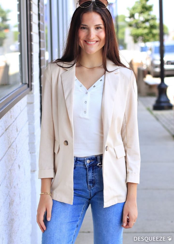 Natural 3/4 Cuff Collared Blazer