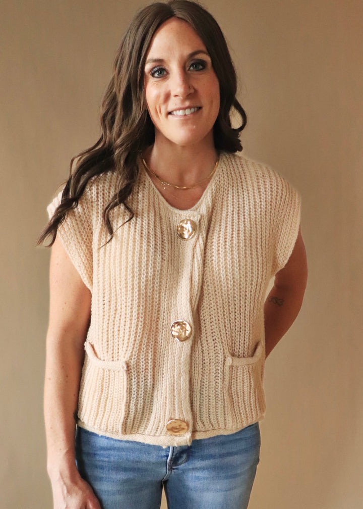 Oatmeal Big Metal Button Front Sweat Vest