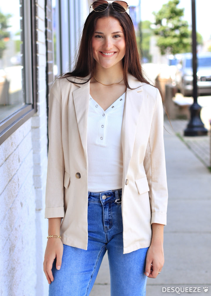 Natural 3/4 Cuff Collared Blazer