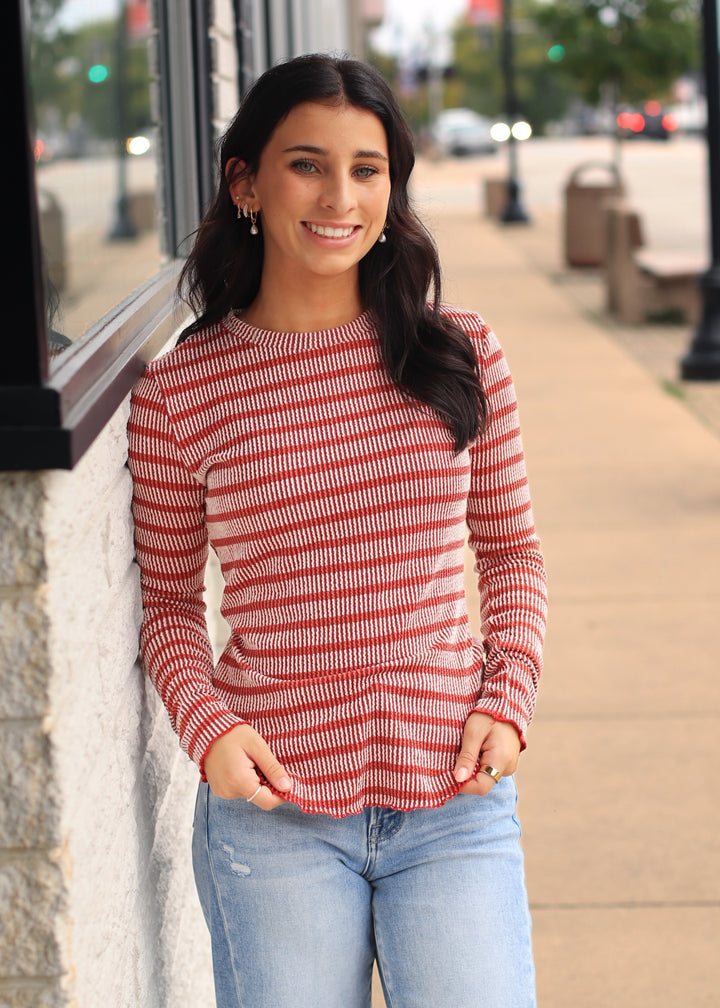 Striped Ribbed Knit Top in Rust