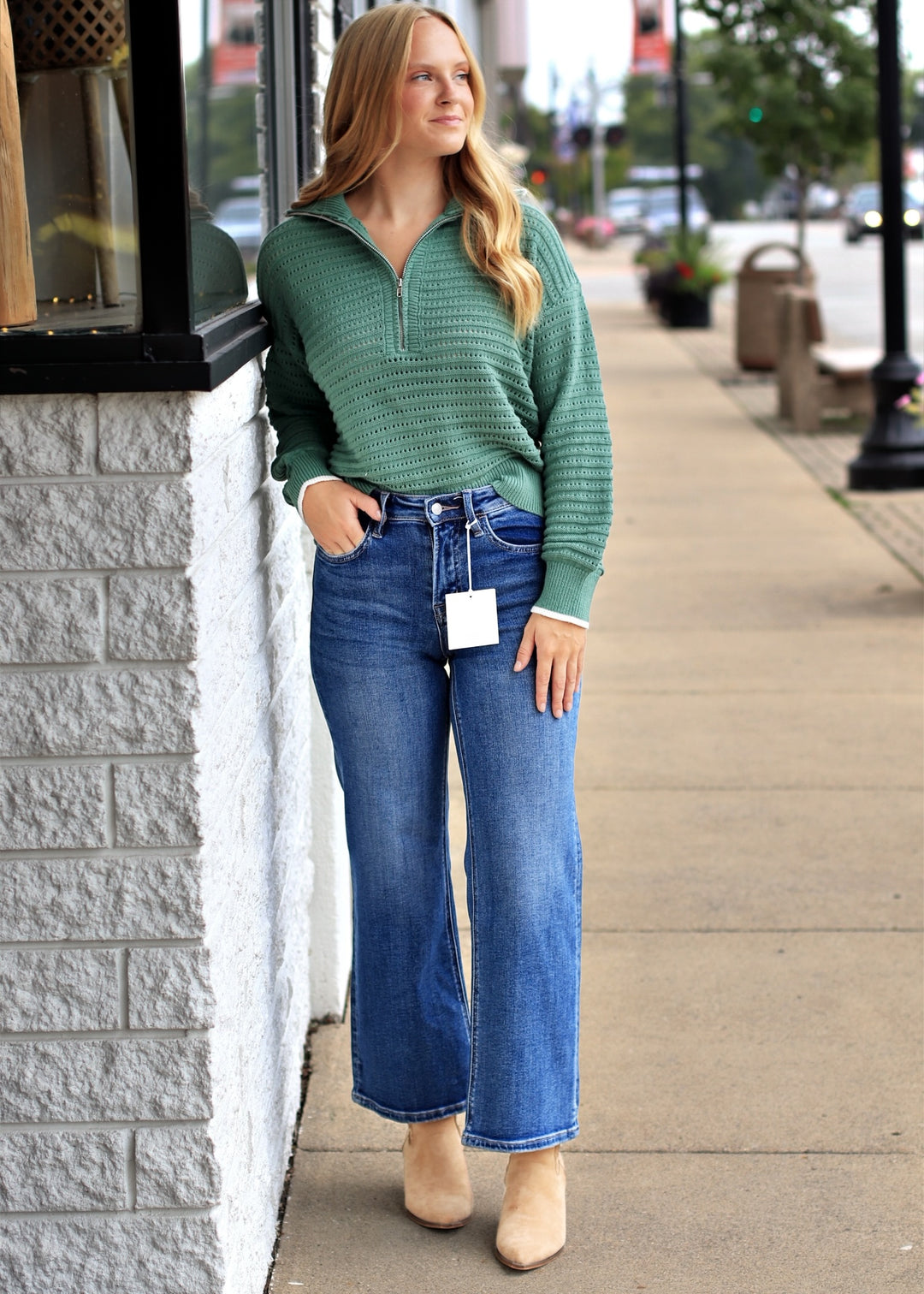 Mountain Air Crochet Texture Half-zip Cotton Blend Sweater