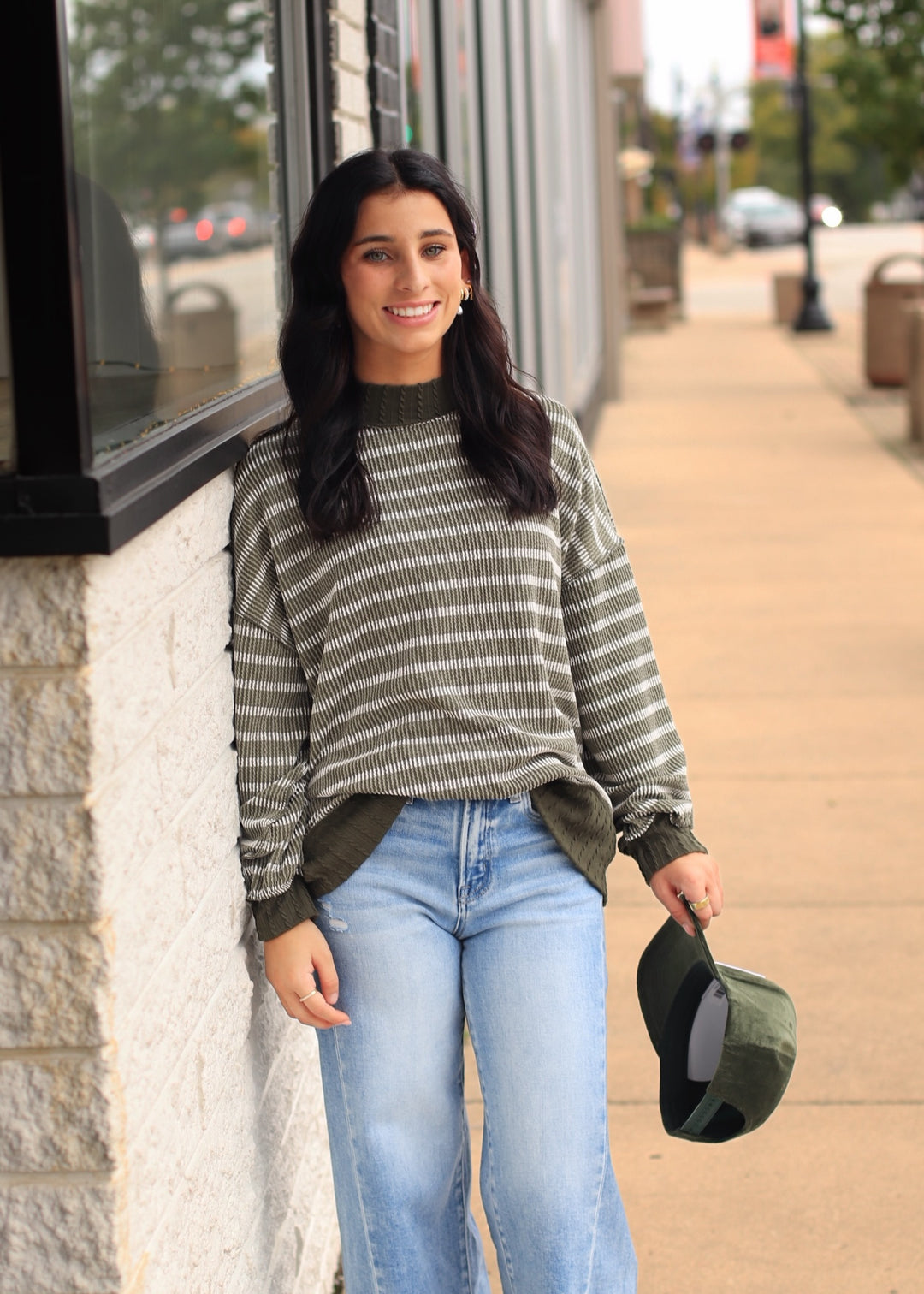 Olive Striped Mock Neck Knit Top