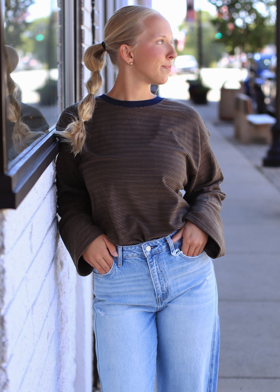 Navy &amp; Olive Striped Long-Sleeve Crewneck Shirt