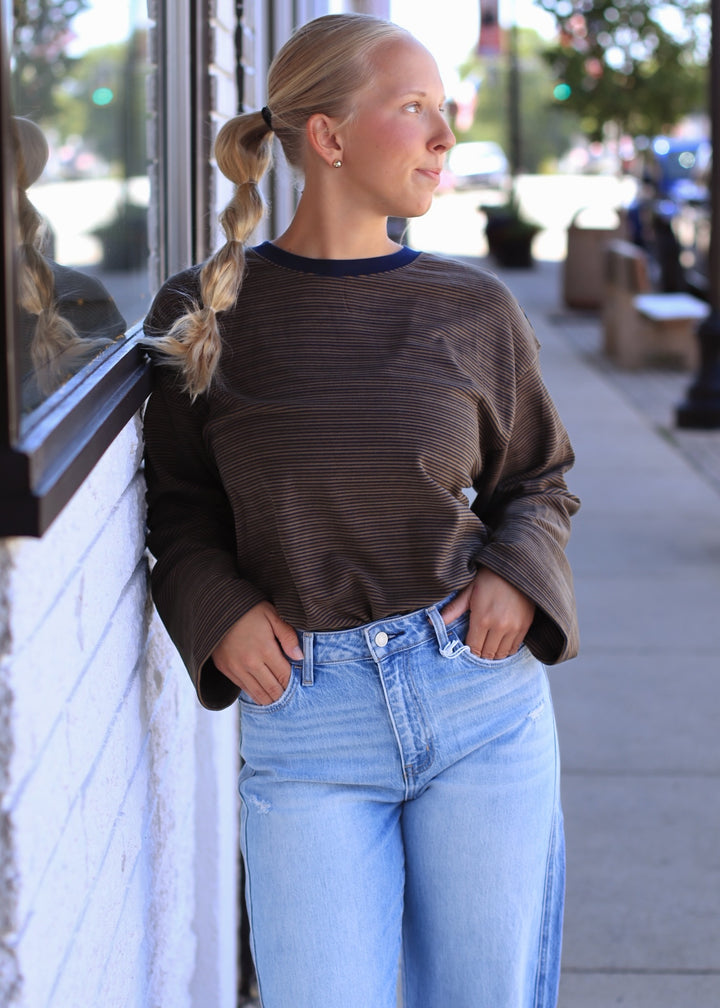 Navy &amp; Olive Striped Long-Sleeve Crewneck Shirt