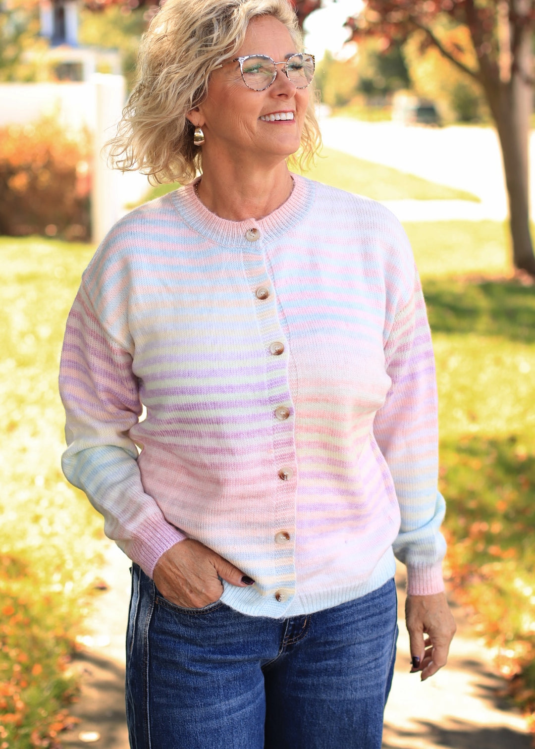 Space-Dye Striped Button-Down Cardigan in Pastel