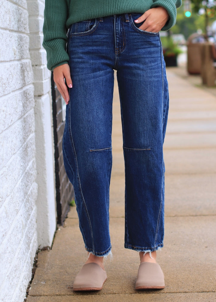 The Jadeite Dark-Wash Barrel Jeans