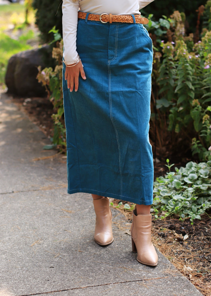 CLEARANCE FINAL SALE  Teal Corduroy Midi Skirt