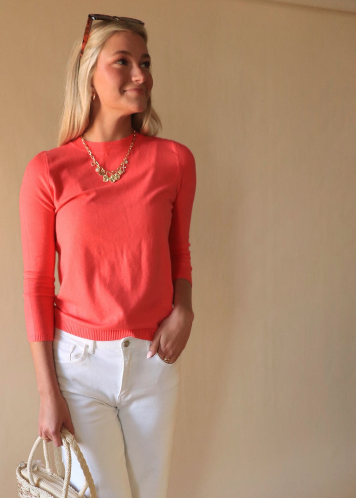 Coral Pink Fine Gauge Pullover Mock Neck