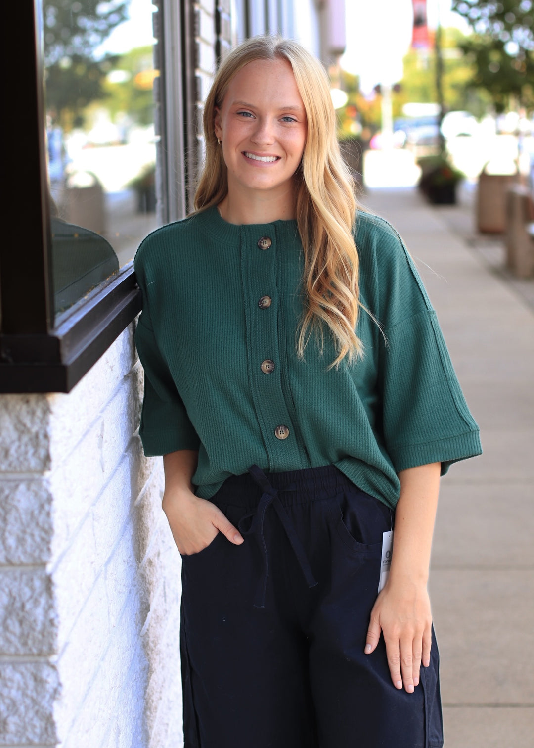 Button-Down Short Sleeve Waffle Top in Dark Green