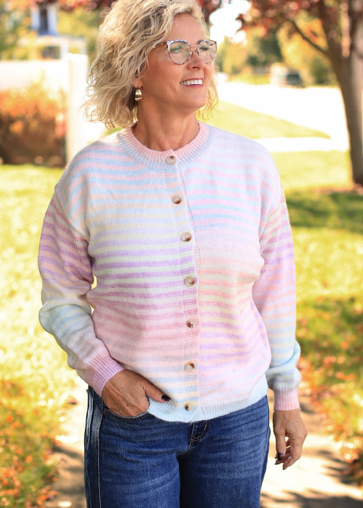 Space-Dye Striped Button-Down Cardigan in Pastel