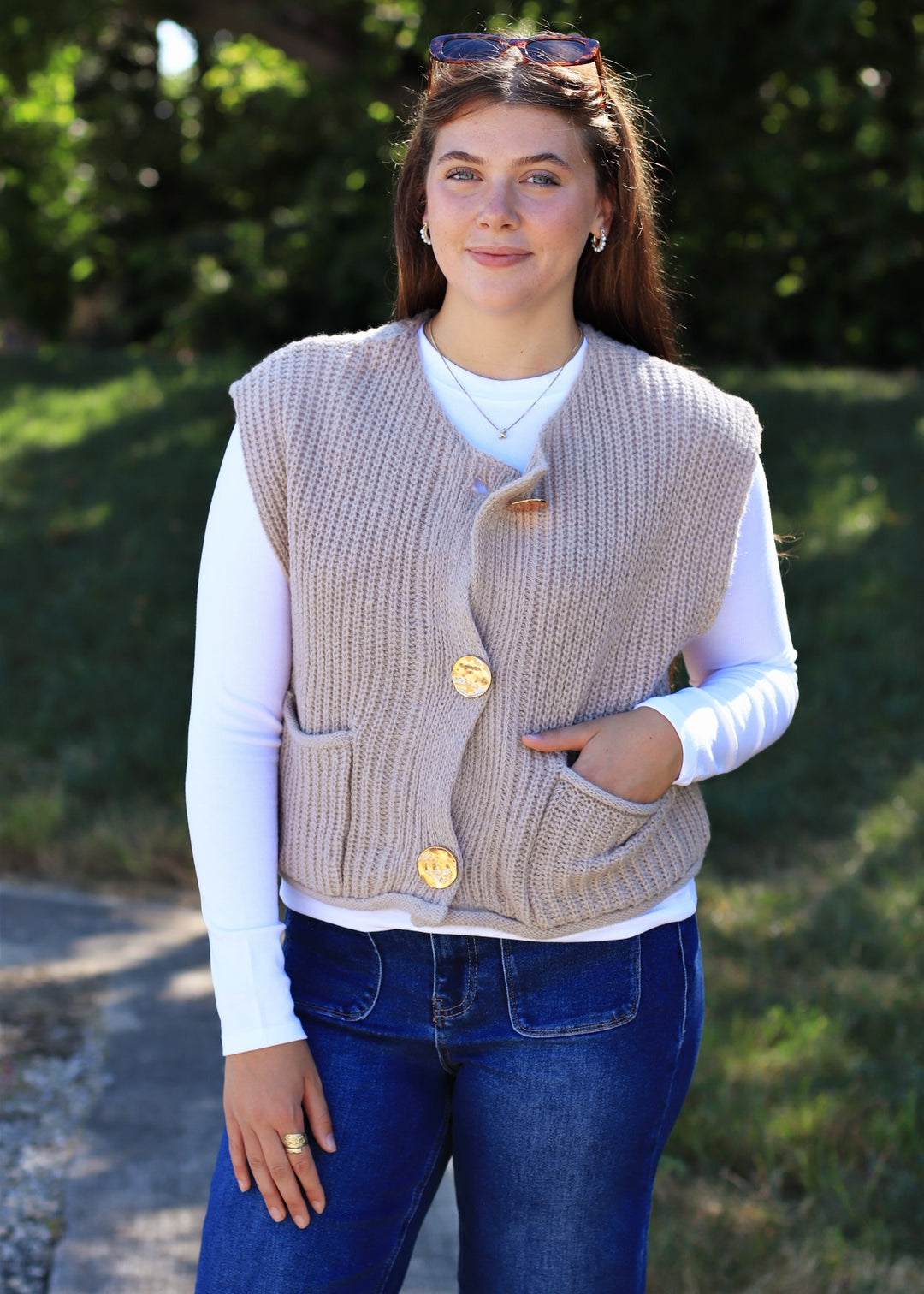 Stone Big Metal Button Front Sweat Vest