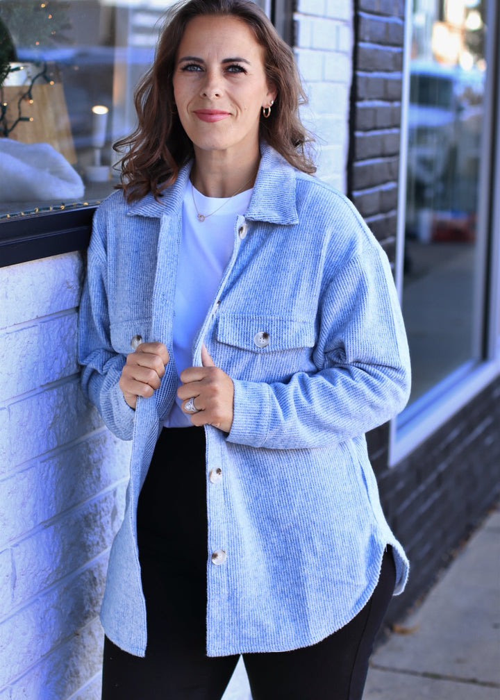 Fall Season Two Tone Shacket in Denim Blue