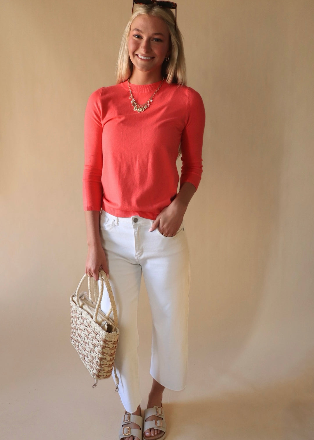 Coral Pink Fine Gauge Pullover Mock Neck
