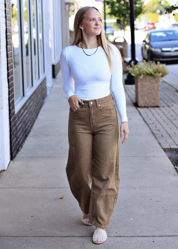 Long Sleeve Crew Neck Top in White