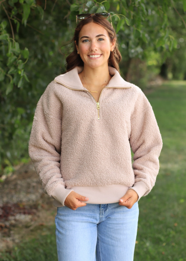 Oak Brown Cozy Sherpa Half Zip Pullover Sweatshirt